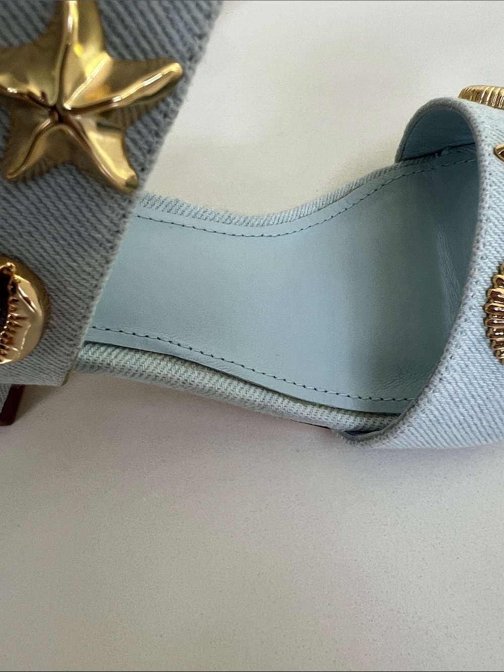 Larroude madison block light blue denim maya heels open toe sandals gold 6 - Picture 11 of 16